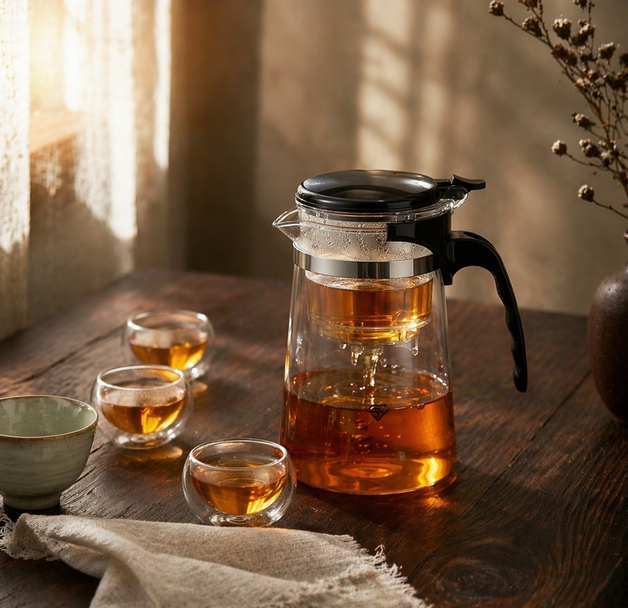 Théière en verre borosilicate avec filtrage en un clic — Séparation thé/eau