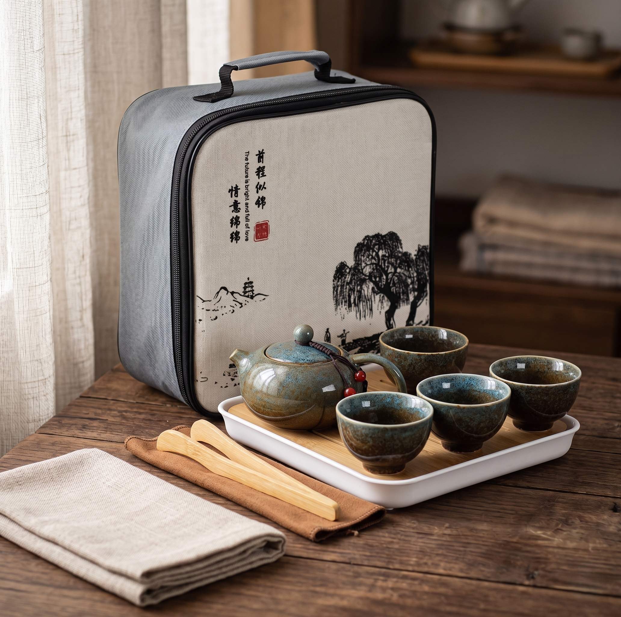 Coffret the voyage bleu 1 sac 1 theiere 4 tasses