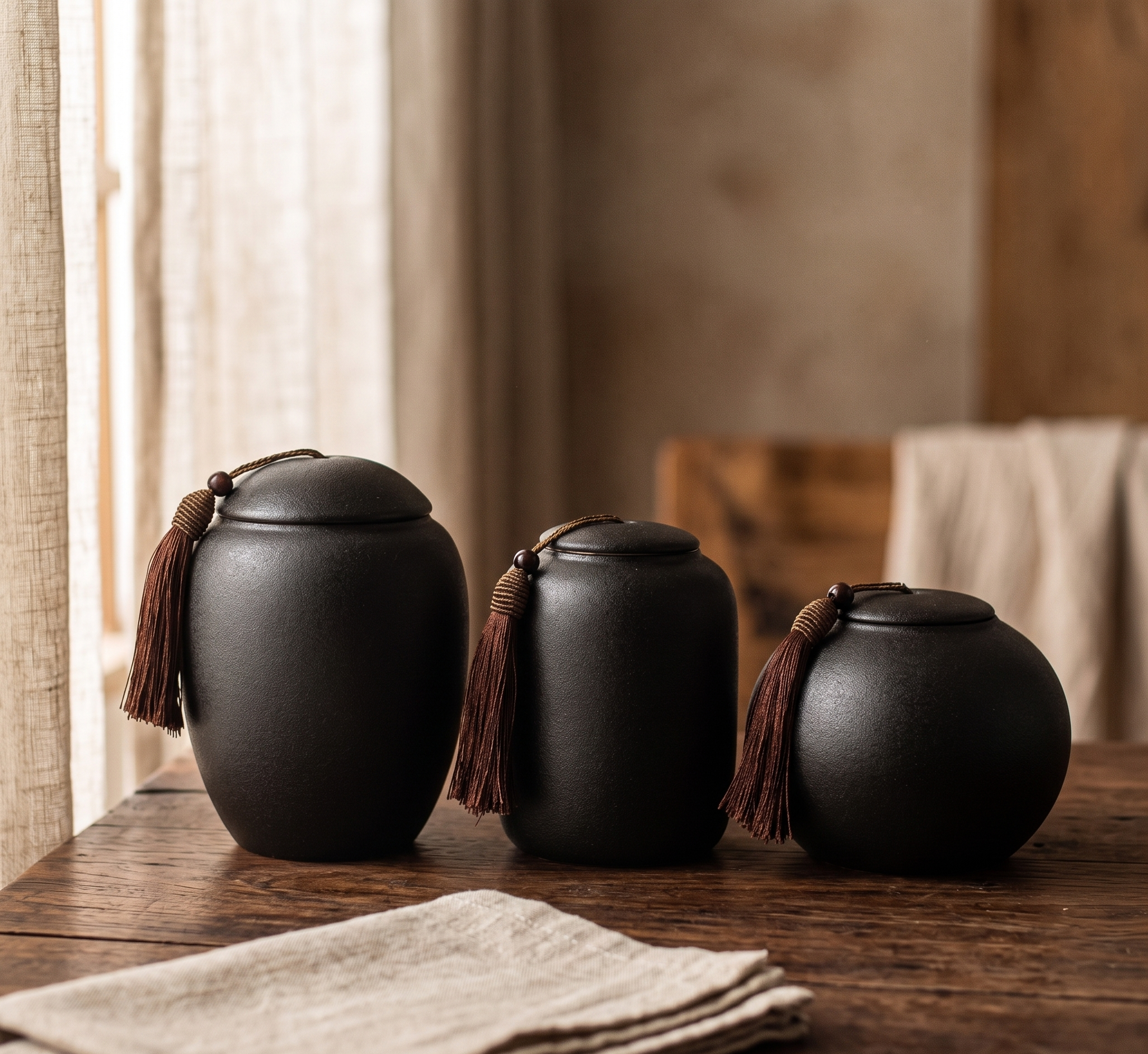 Boîte à thé en céramique noire givrée — Pot hermétique vintage, 3 tailles