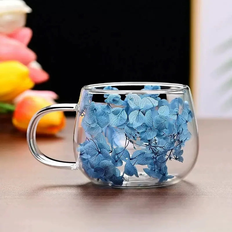 Tasse double paroi en verre avec fleurs séchées — 350ml, 6 styles