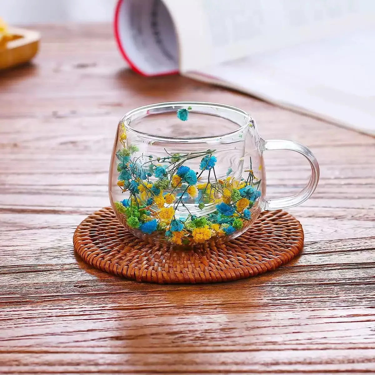 Tasse double paroi en verre avec fleurs séchées — 350ml, 6 styles