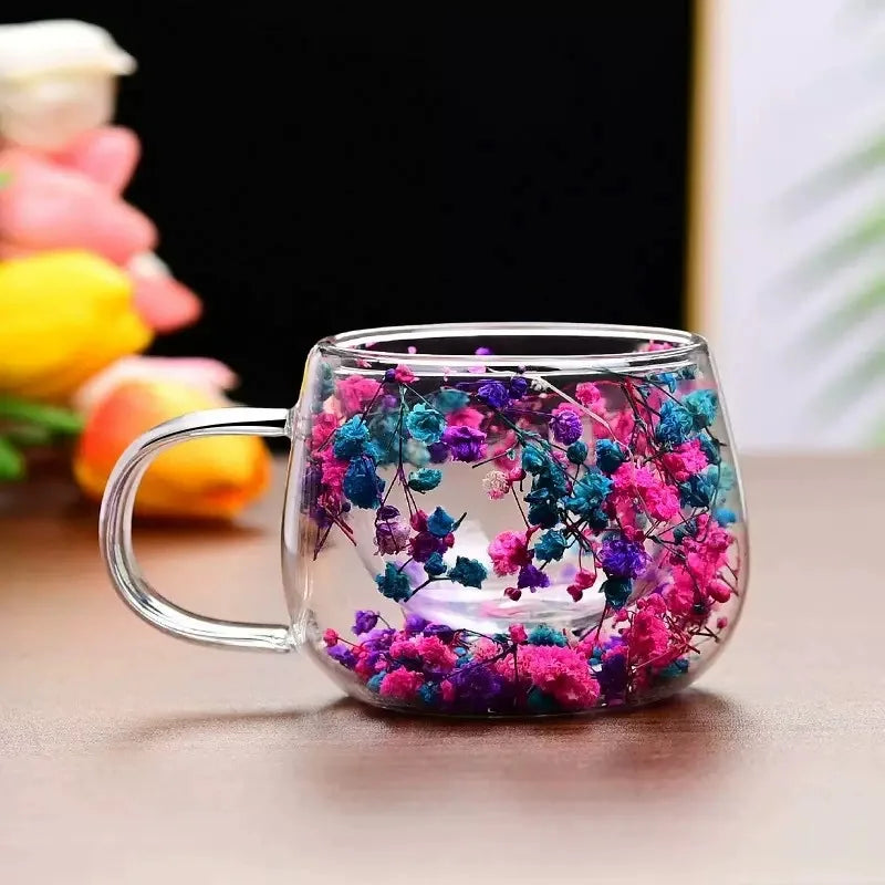 Tasse double paroi en verre avec fleurs séchées — 350ml, 6 styles
