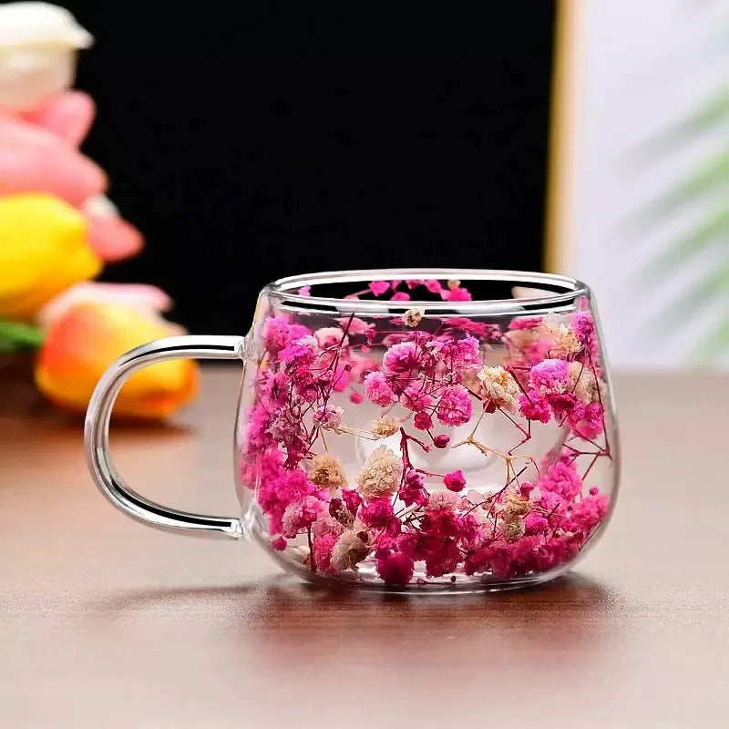 Tasse double paroi en verre avec fleurs séchées — 350ml, 6 styles