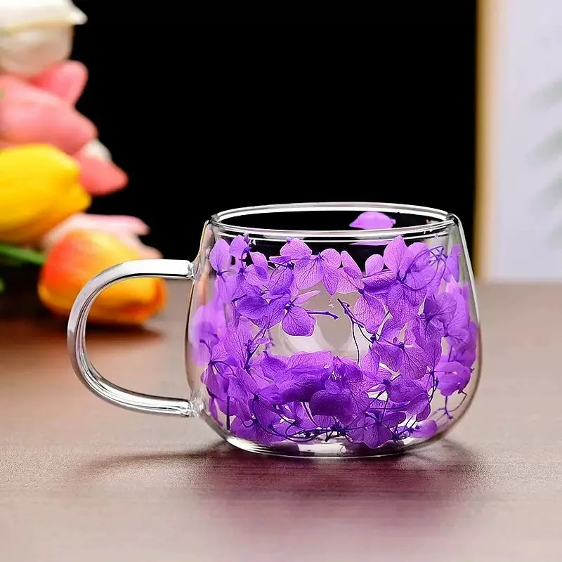 Tasse double paroi en verre avec fleurs séchées — 350ml, 6 styles