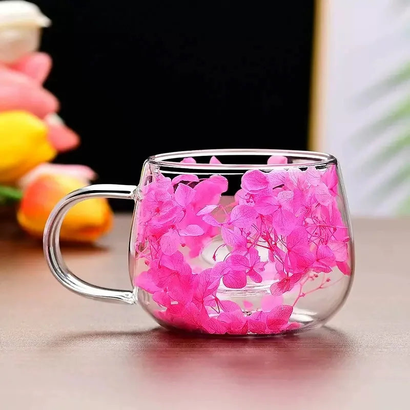 Tasse double paroi en verre avec fleurs séchées — 350ml, 6 styles