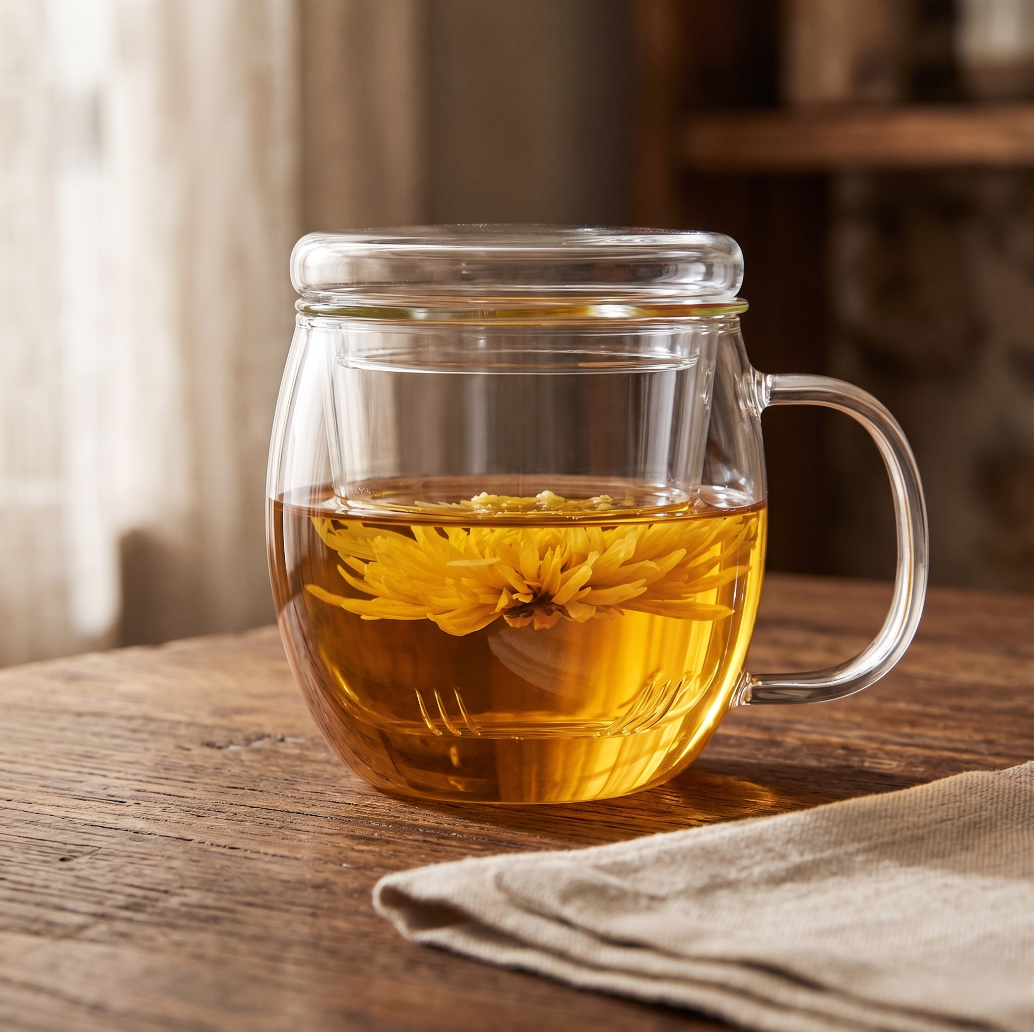 Tasse a the avec infuseur infusion fleur jaune