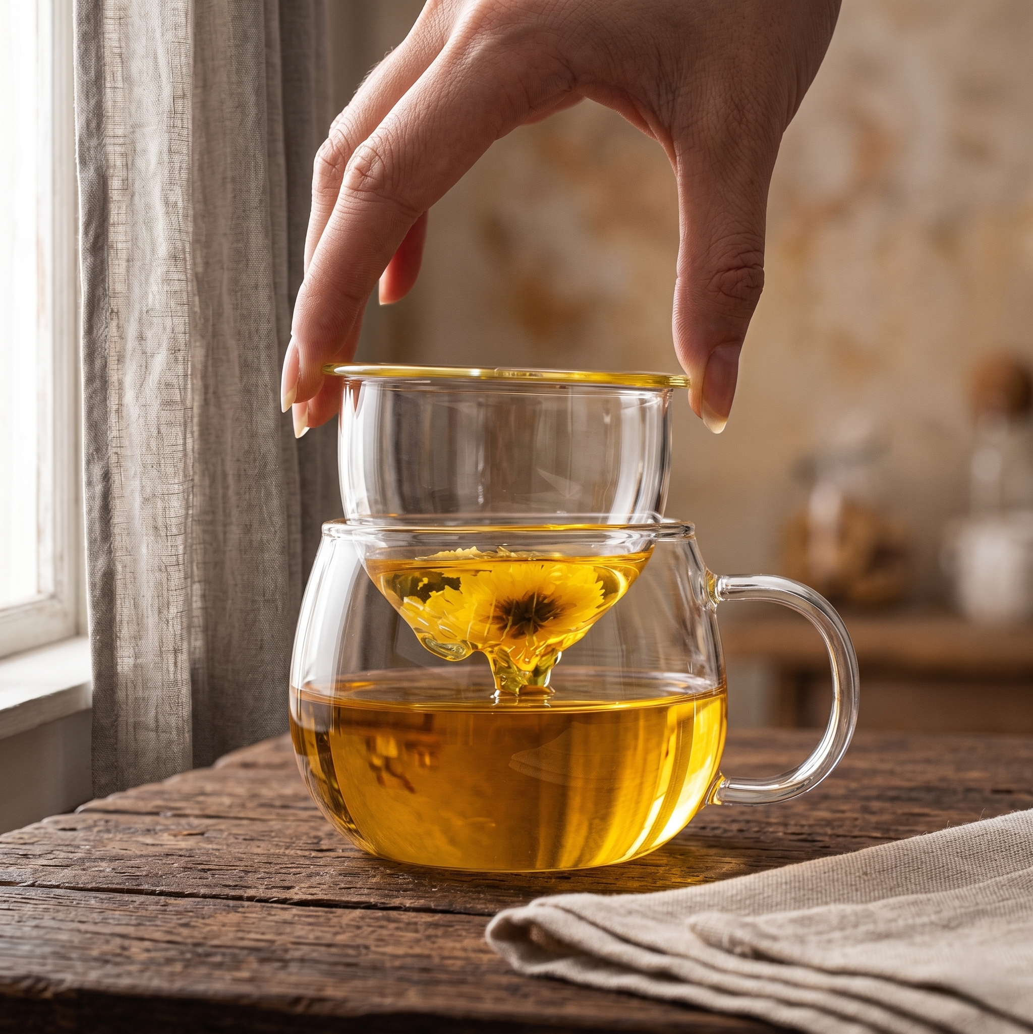 Tasse a the premium avec infuseur en utilisation