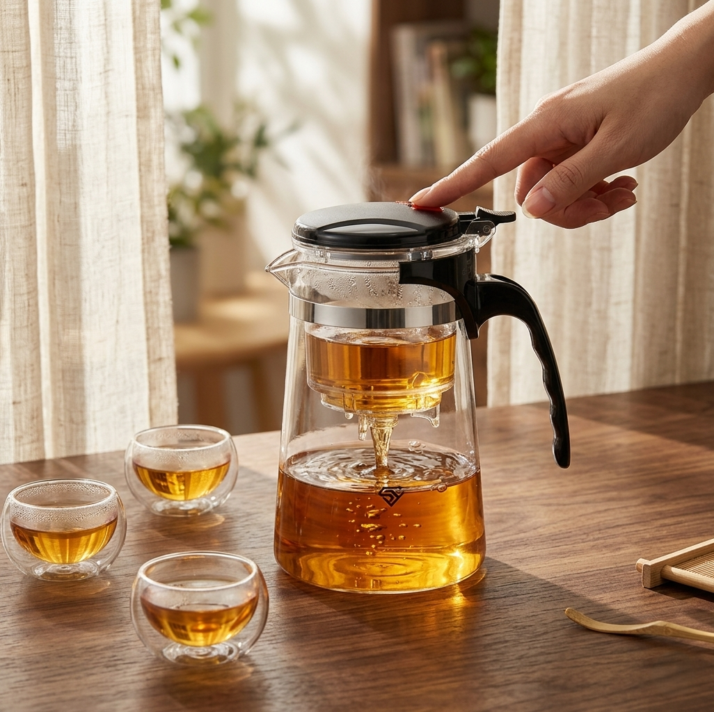 Theiere avec infuseur et bouton automatique + 3 tasses