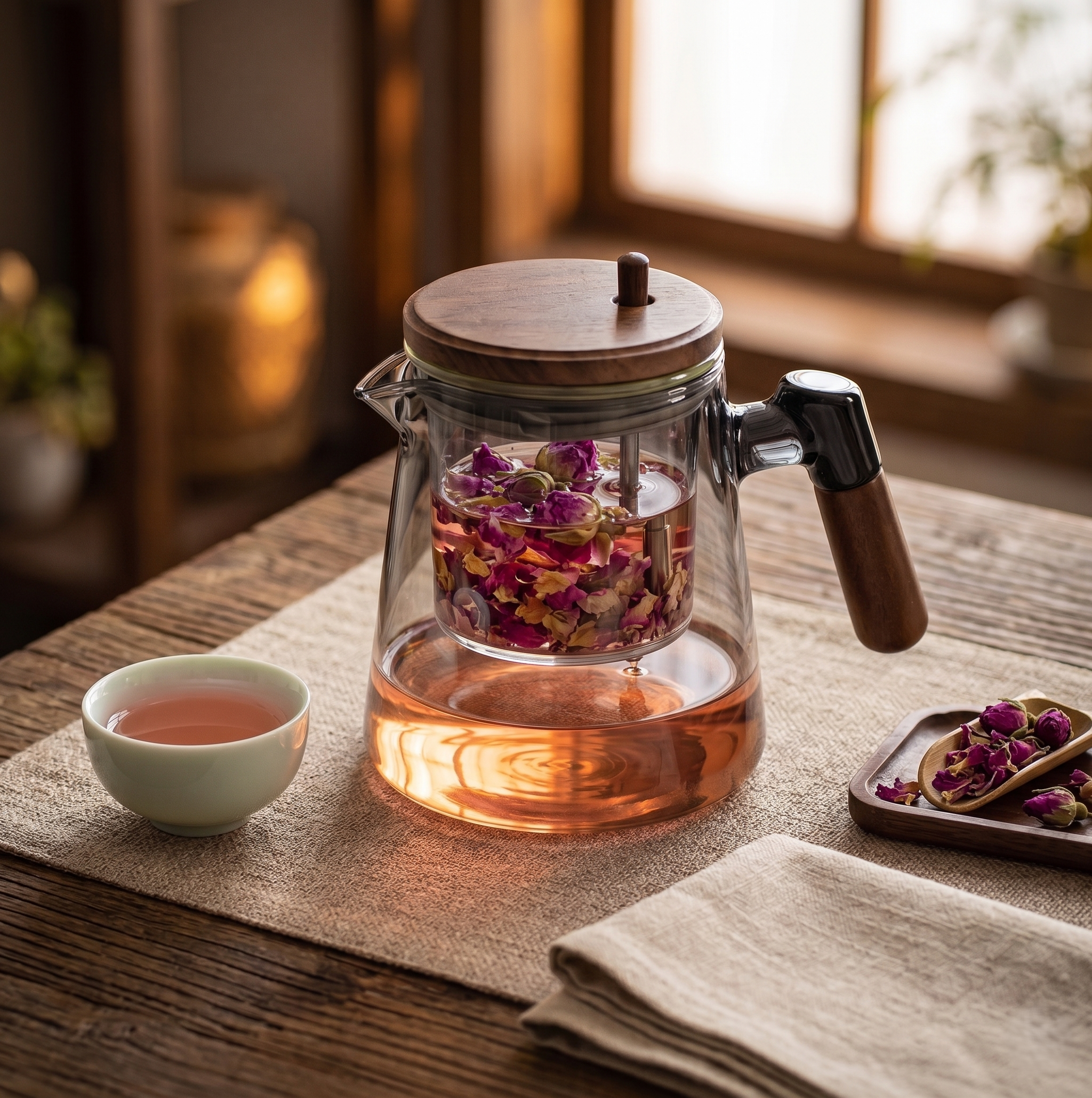 Théière avec infuseur poignée bois infusion rose