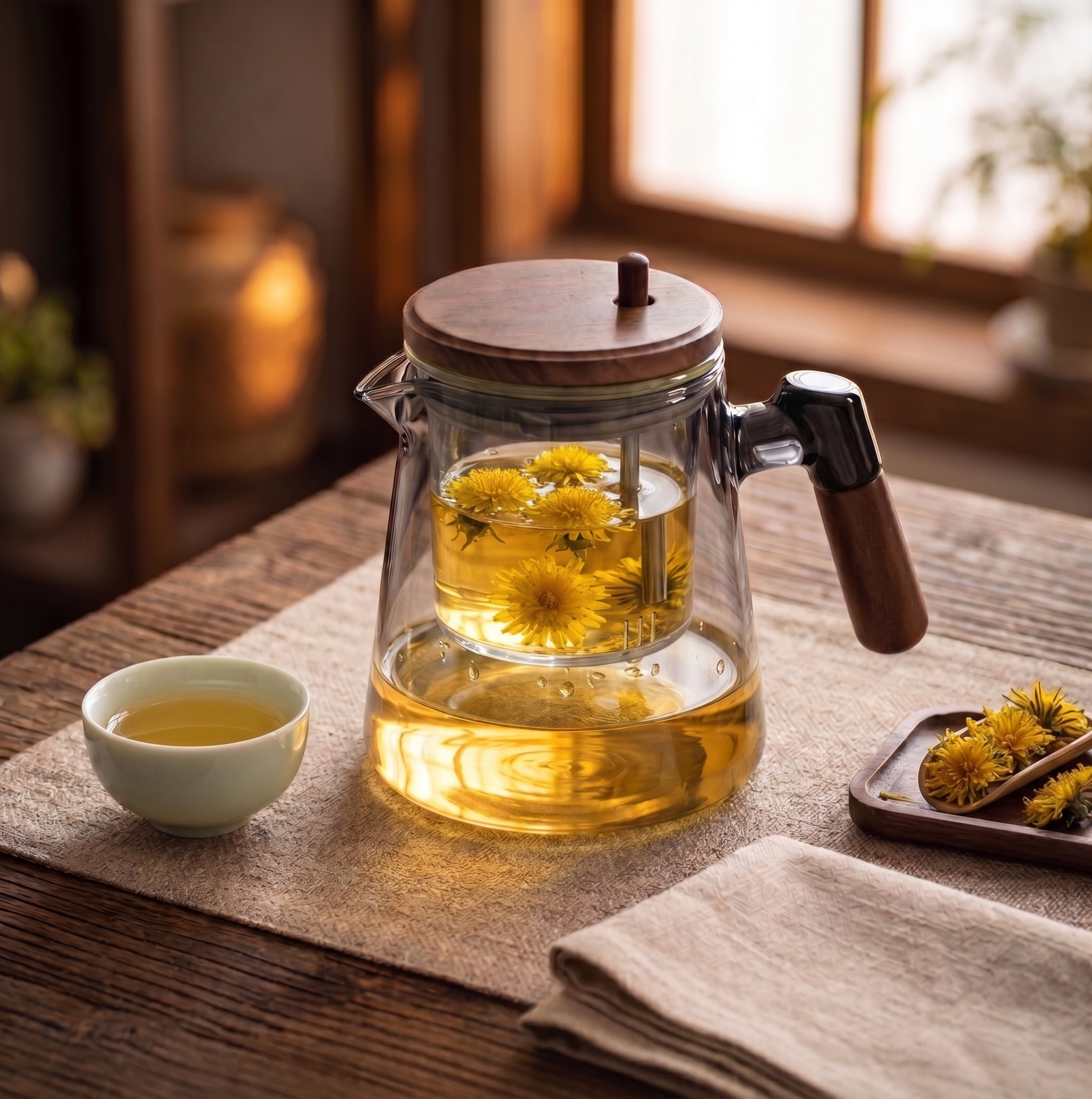 Théière avec infuseur poignée bois infusion pissenlit